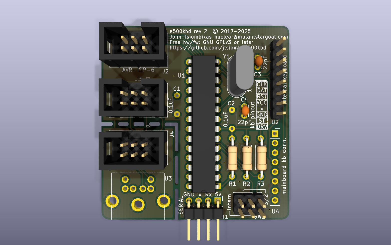 A500 USB keyboard controller KiCad PCB render