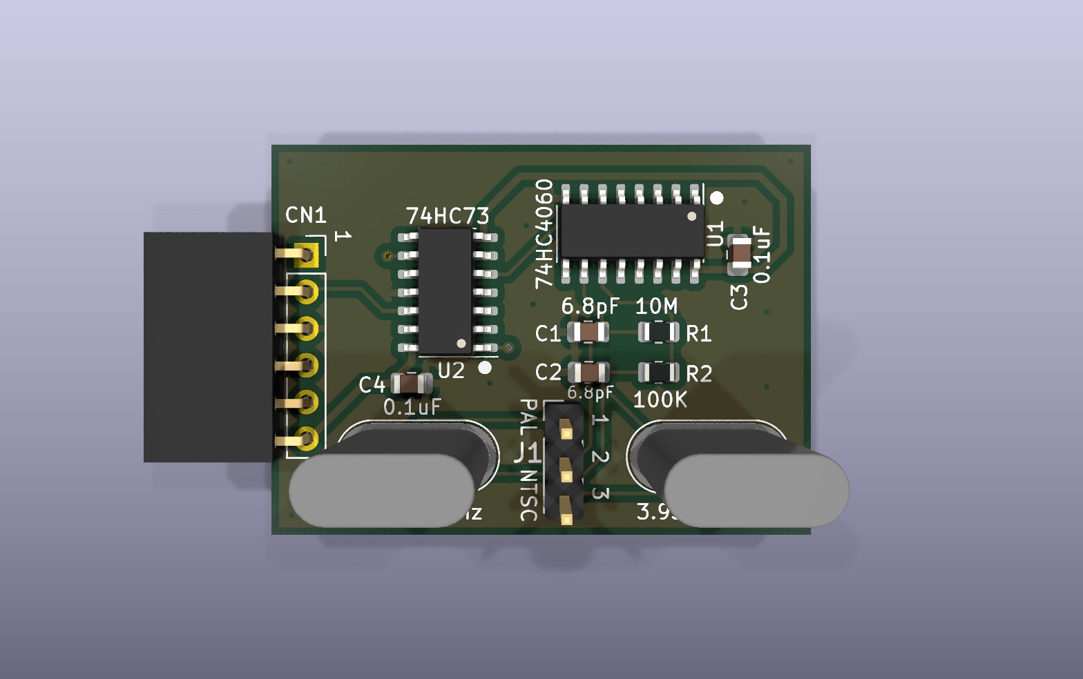 Amiga TICK dual clock KiCad PCB render