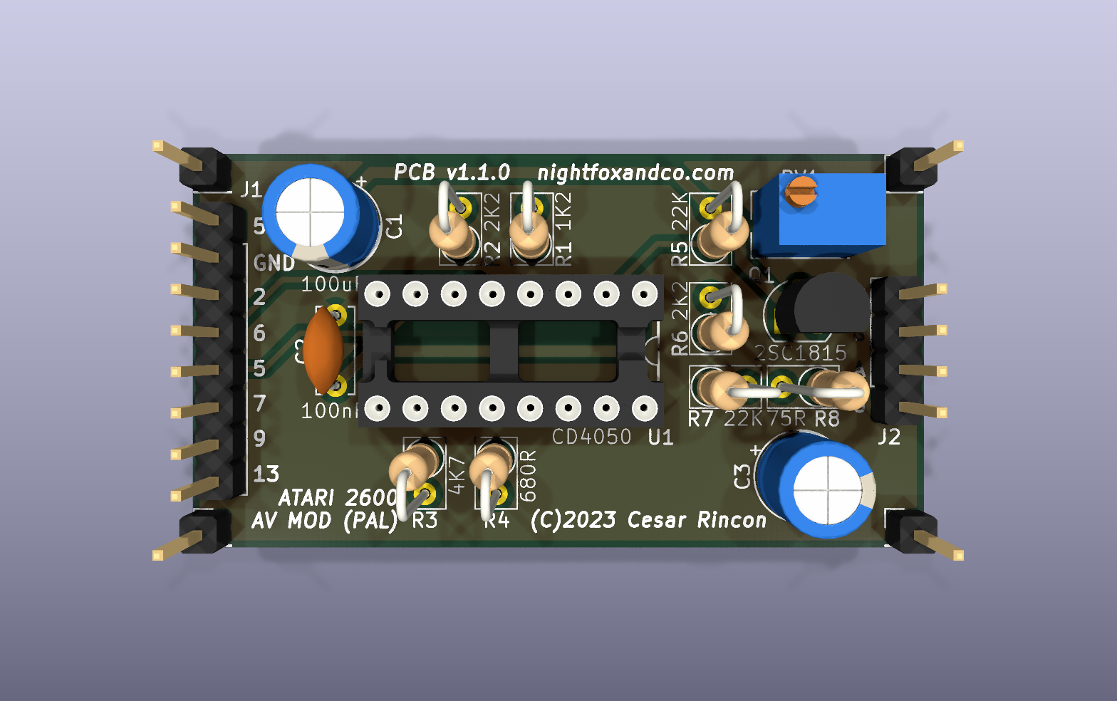 Atari 2600 composite AV mod KiCad PCB render