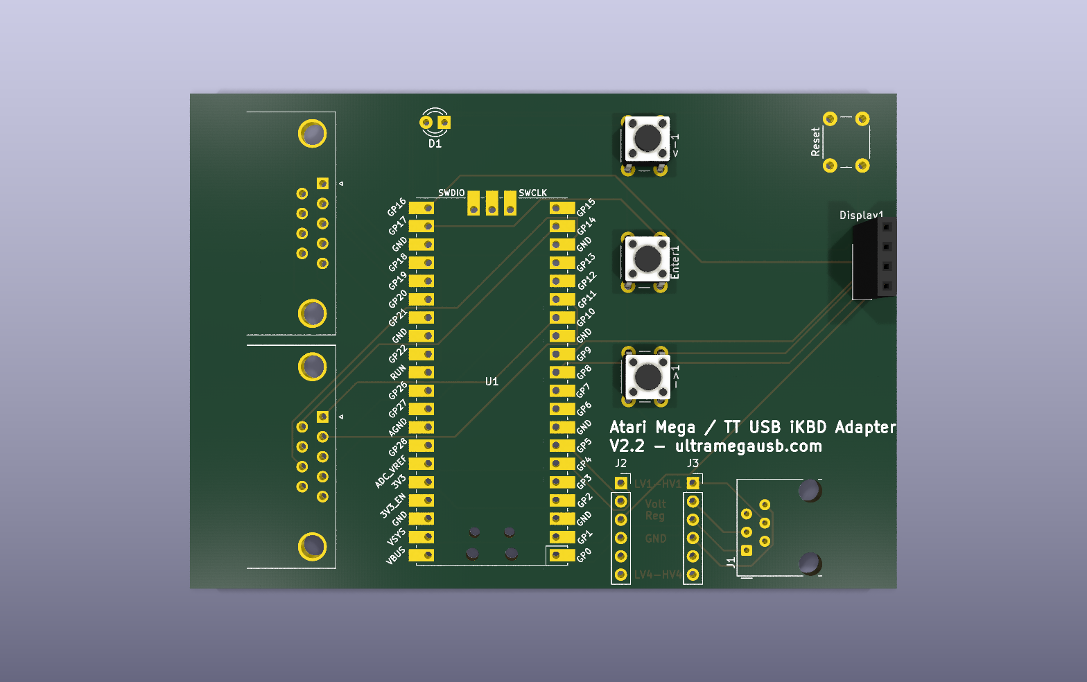 Atari Mega USB keyboard adapter KiCad PCB render