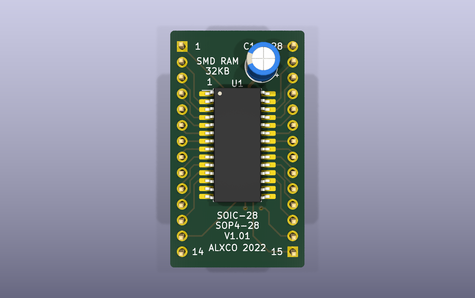 Squareboi RAM board KiCad PCB render