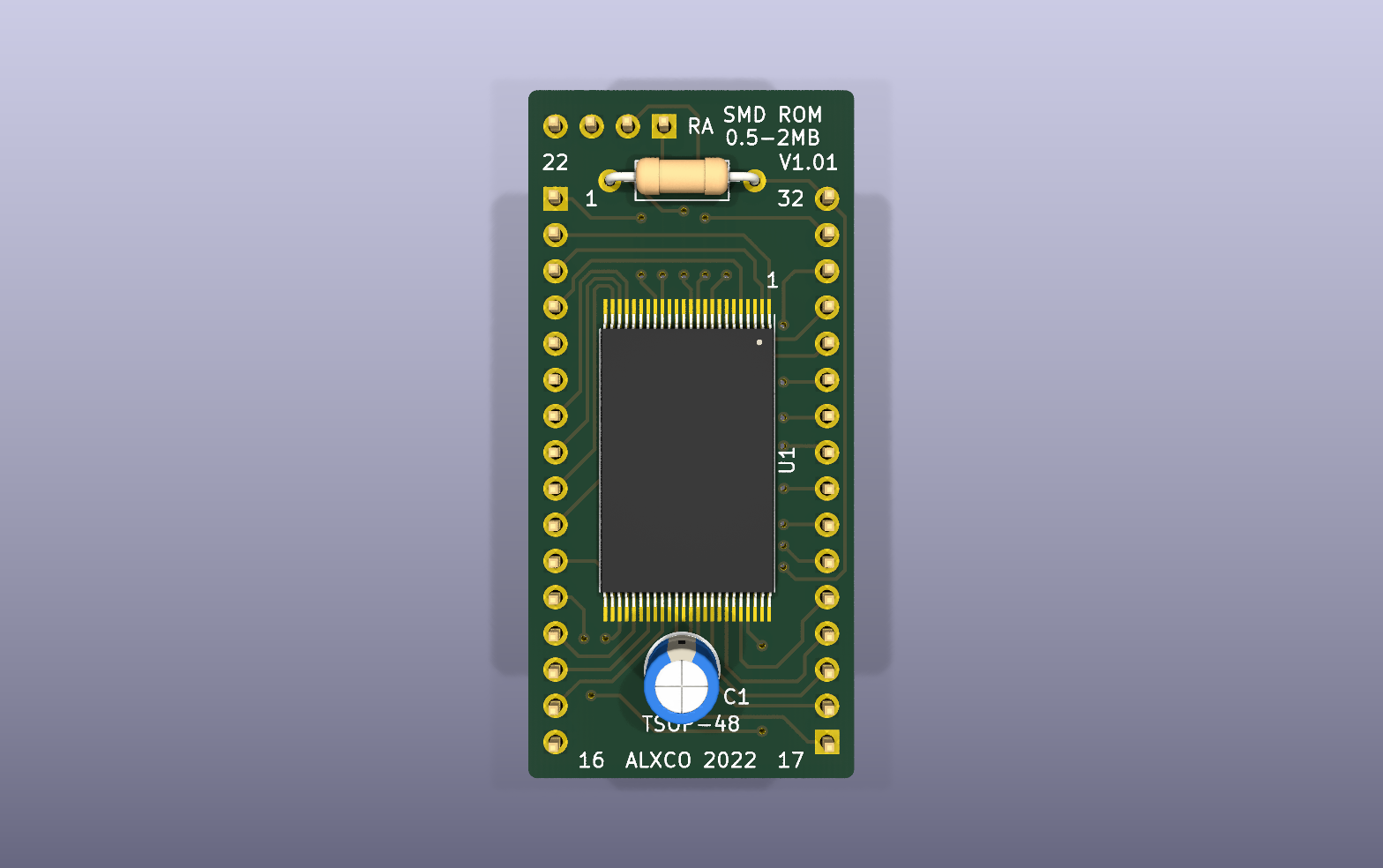 Squareboi ROM board KiCad PCB render