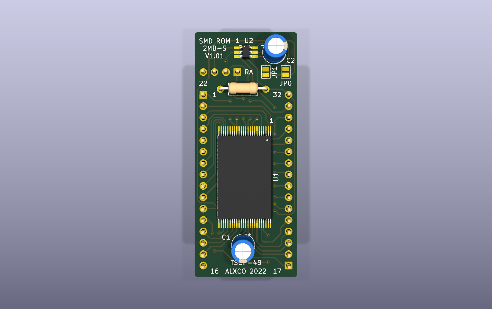 Squareboi stackable ROM board KiCad PCB render