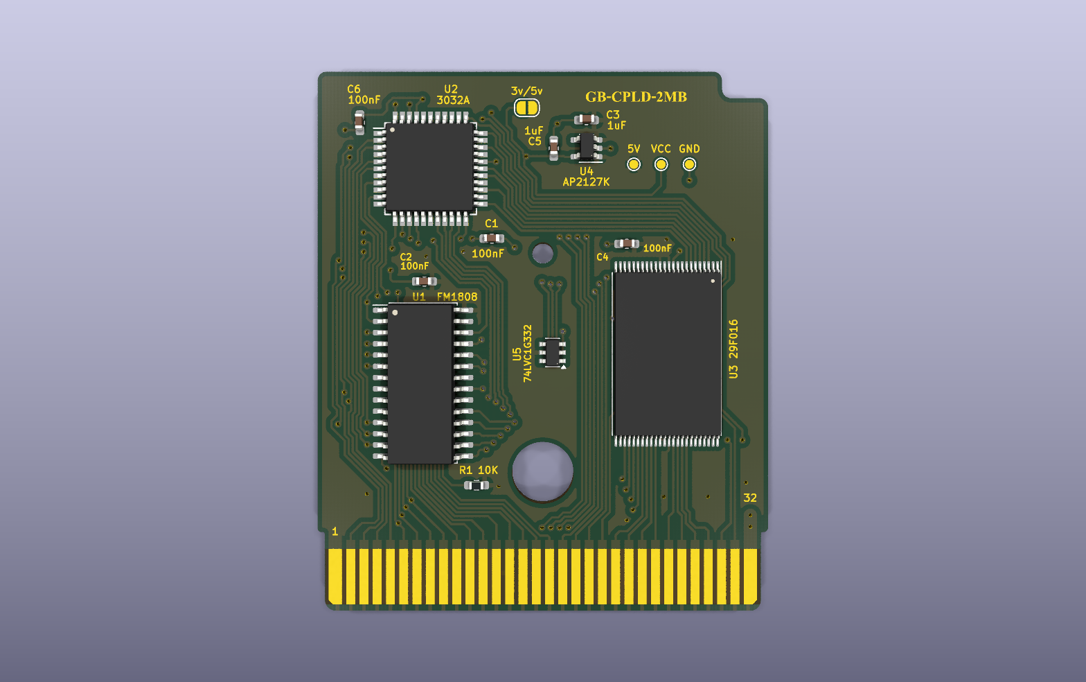 Game Boy CPLD FRAM 2 MB cartridge KiCad PCB render