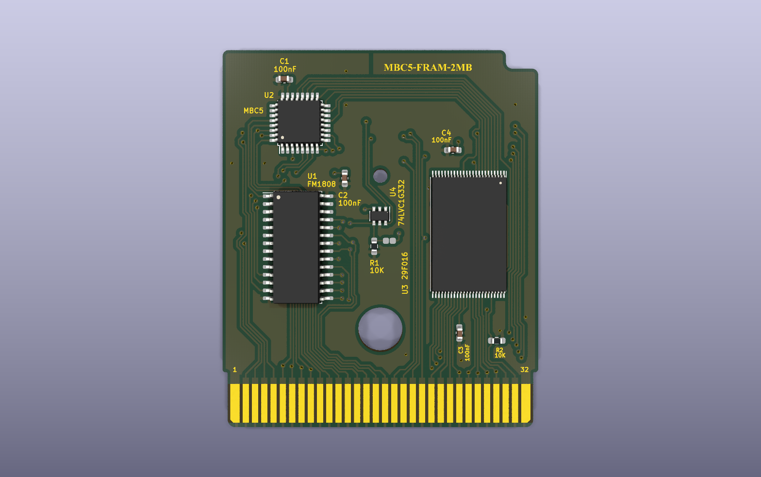 Game Boy MBC5 FRAM 2 MB cartridge KiCad PCB render