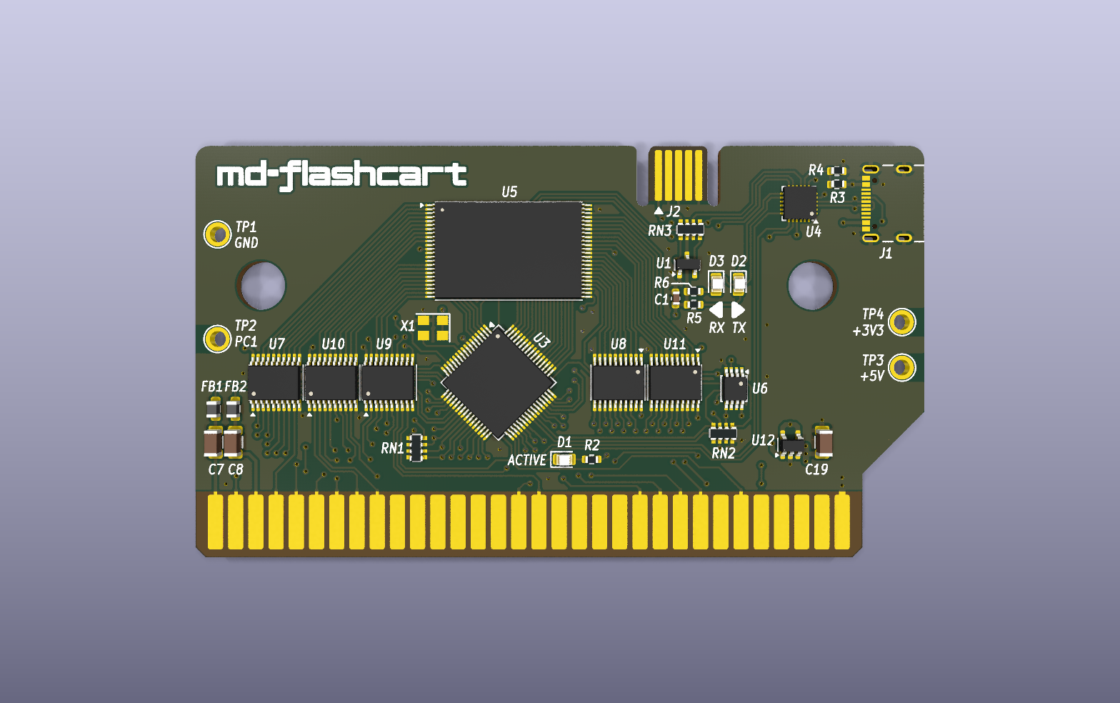 Mega Drive USB flash cartridge KiCad PCB render