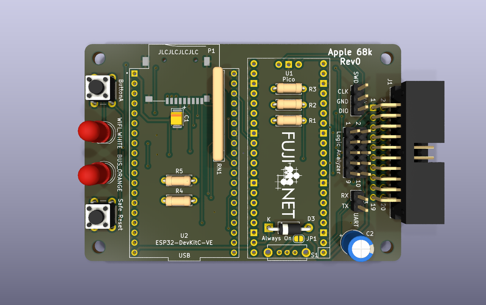 FujiNet for Macintosh 68k KiCad PCB render