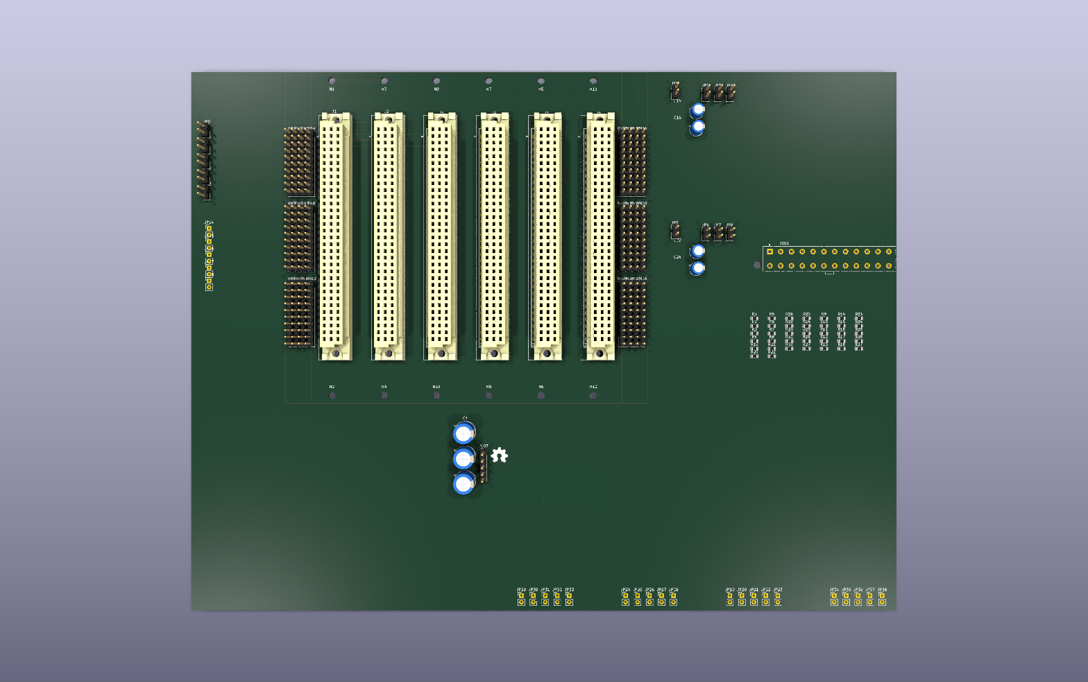 RetroVerse six-slot backplane KiCad PCB render