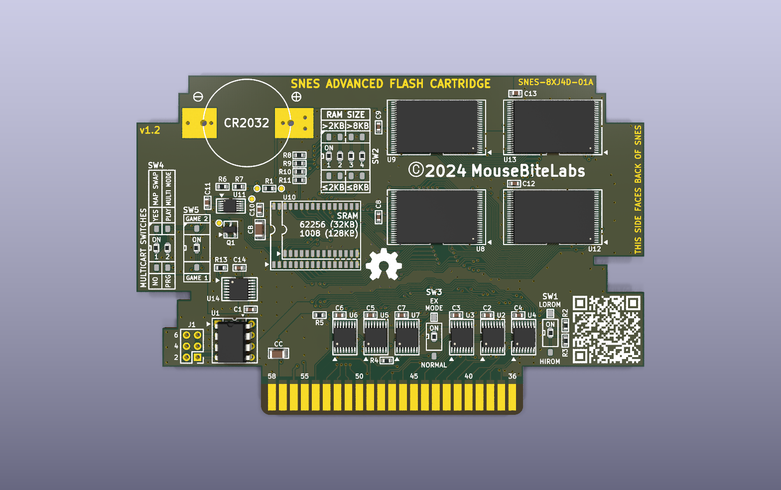 SNES advanced flash cartridge KiCad PCB render