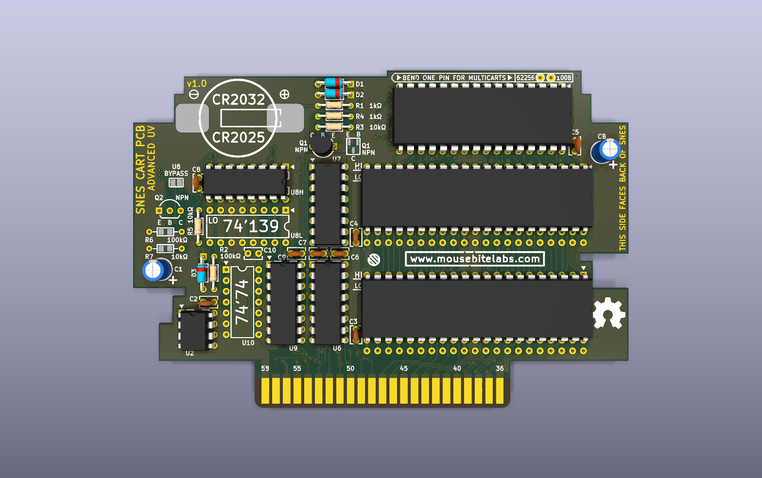 SNES advanced UV EPROM cartridge KiCad PCB render