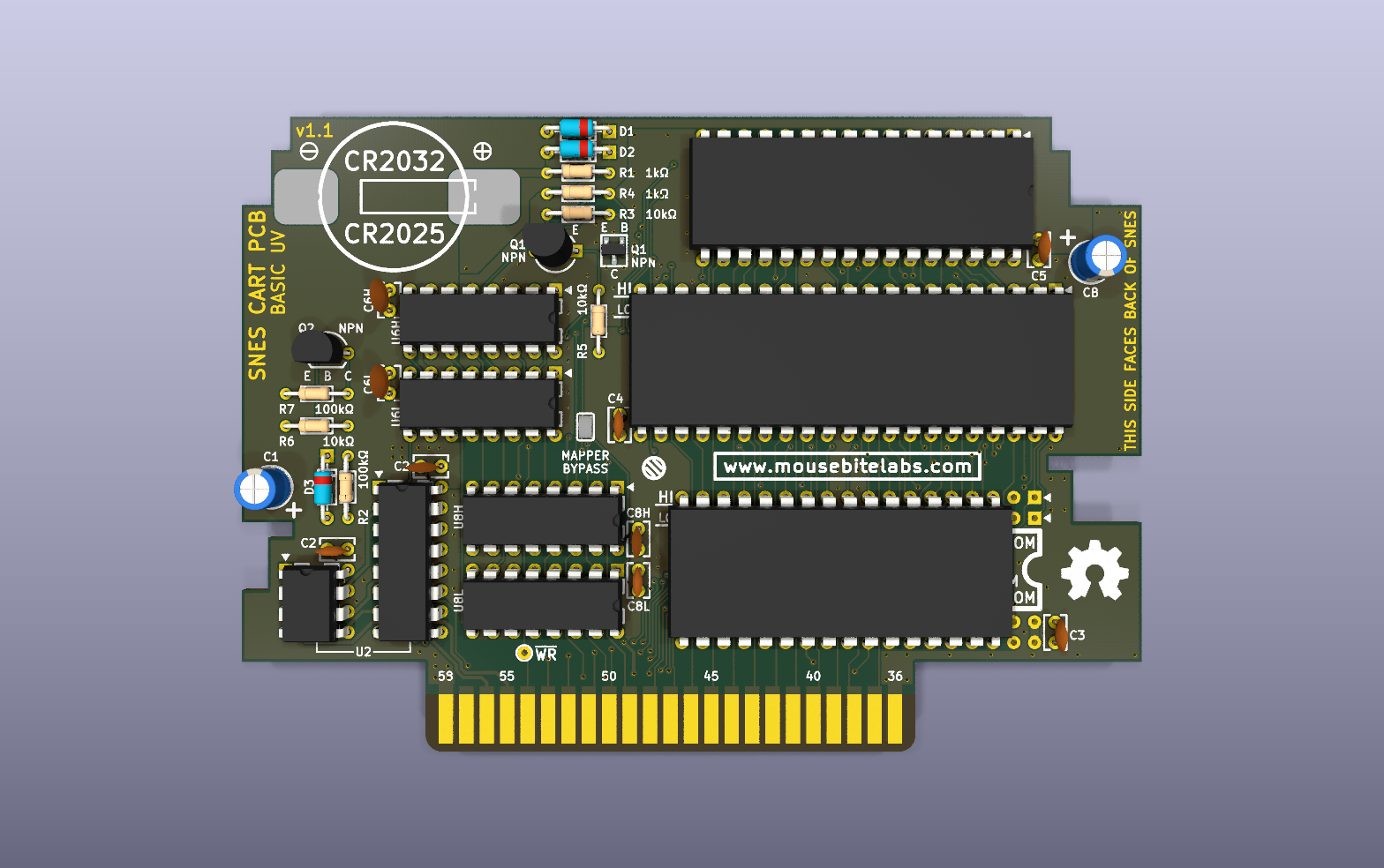 SNES basic UV EPROM cartridge KiCad PCB render