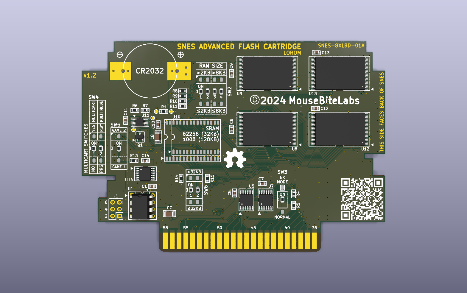 SNES LoROM flash cartridge KiCad PCB render