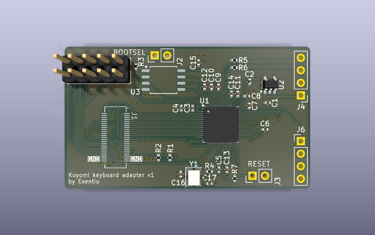 Koyomi keyboard adapter KiCad PCB render