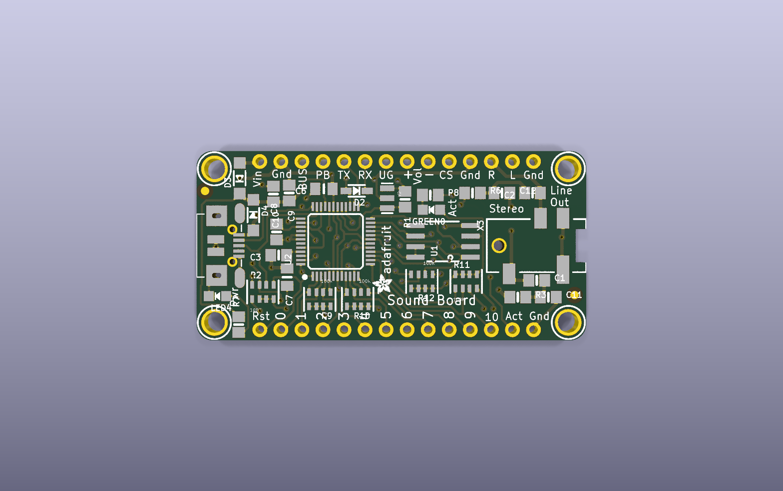 Audio FX standalone sound-trigger player KiCad PCB render
