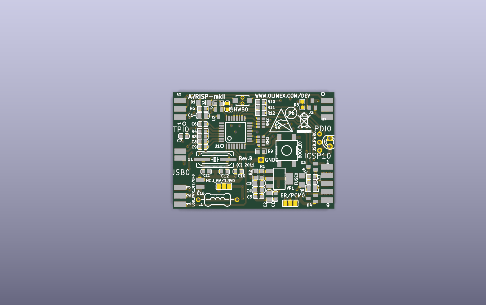 AVR-ISP-MK2 programmer KiCad PCB render