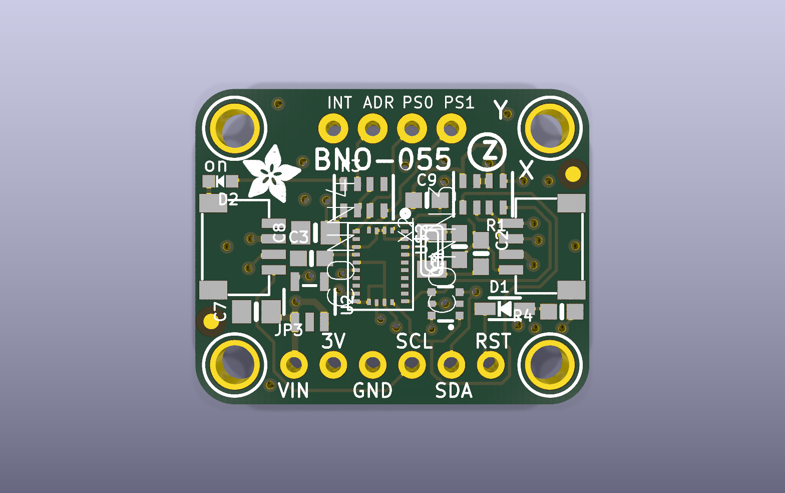 BNO055 absolute orientation sensor KiCad PCB render