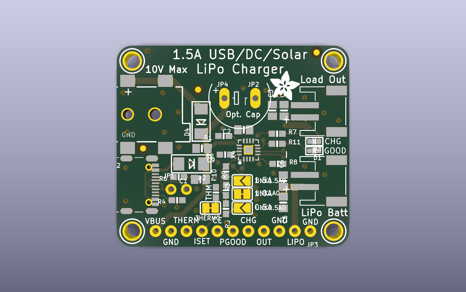 BQ24074 Solar / USB Charger KiCad PCB render