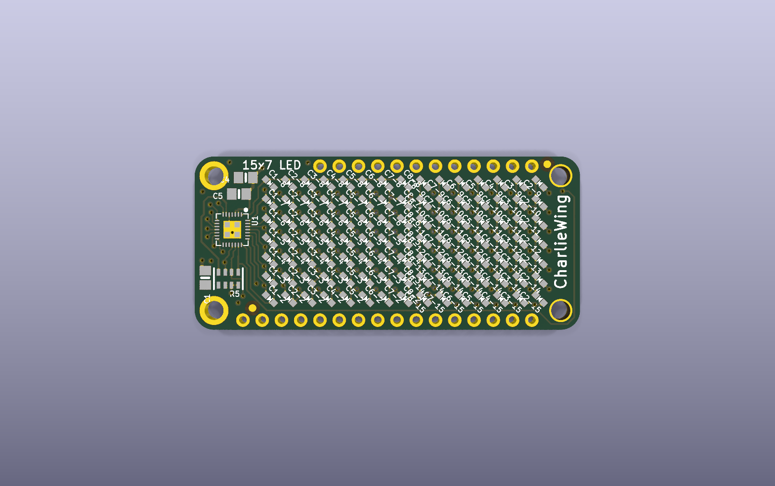 CharlieWing LED matrix KiCad PCB render