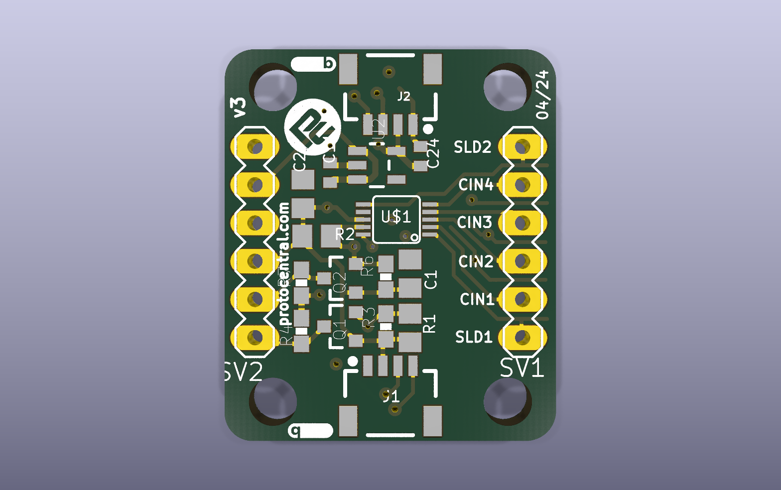 FDC1004 capacitance and liquid-level sensor KiCad PCB render