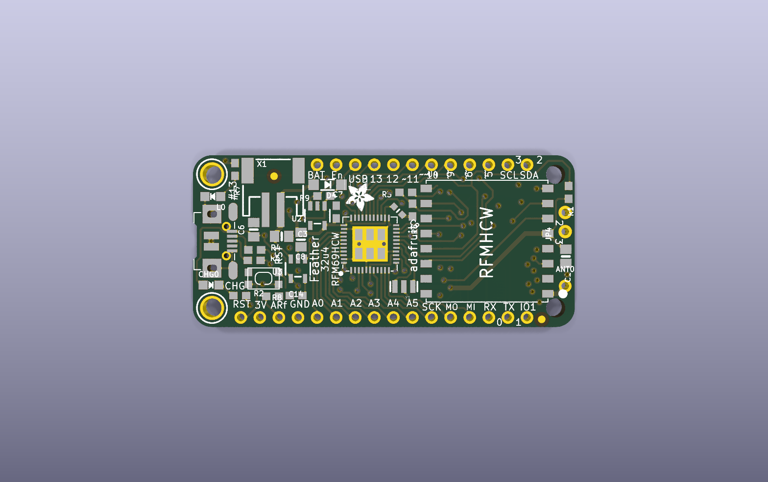 Feather 32u4 RFM69 Radio KiCad PCB render