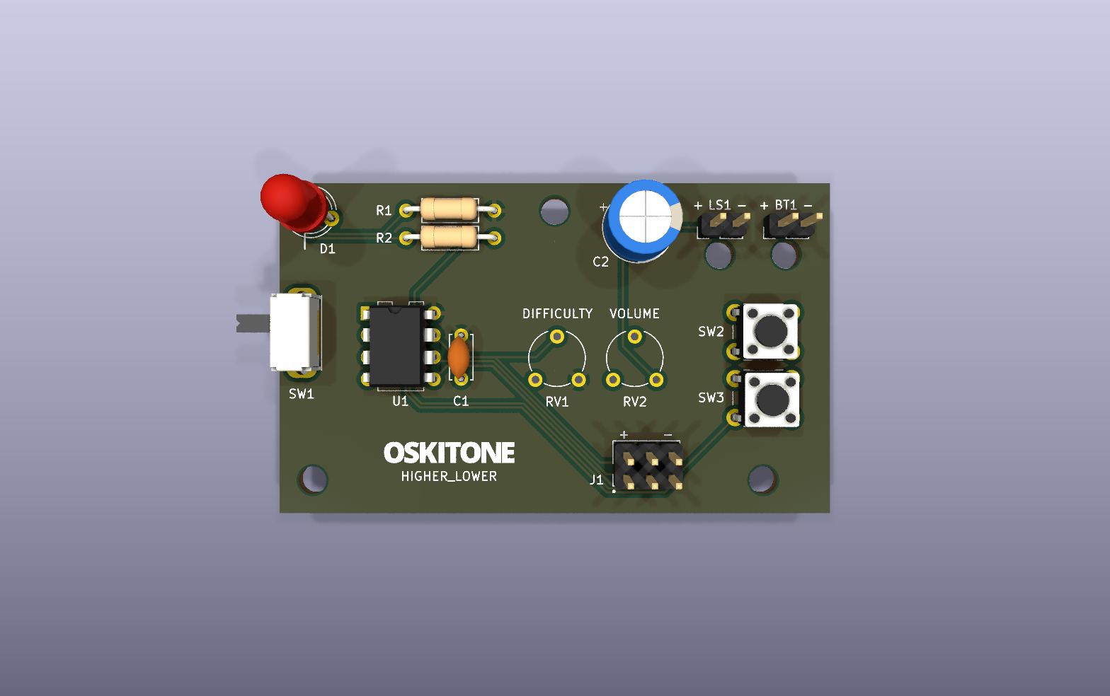 Higher Lower game KiCad PCB render