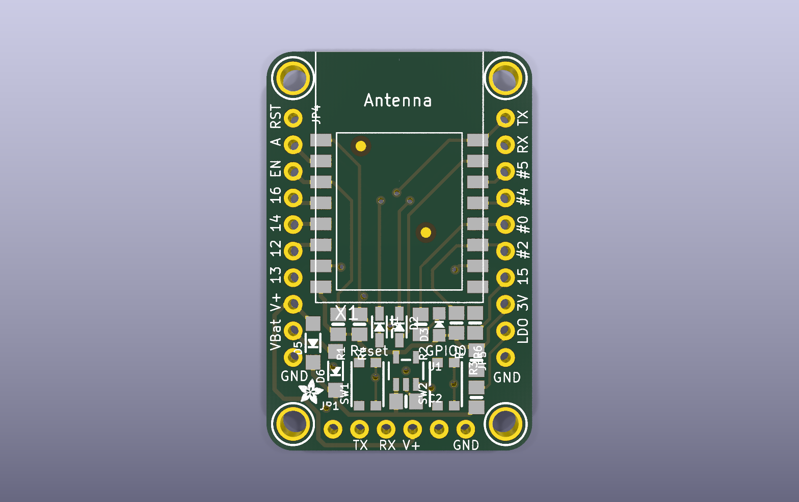 HUZZAH ESP8266 Wi-Fi Carrier KiCad PCB render