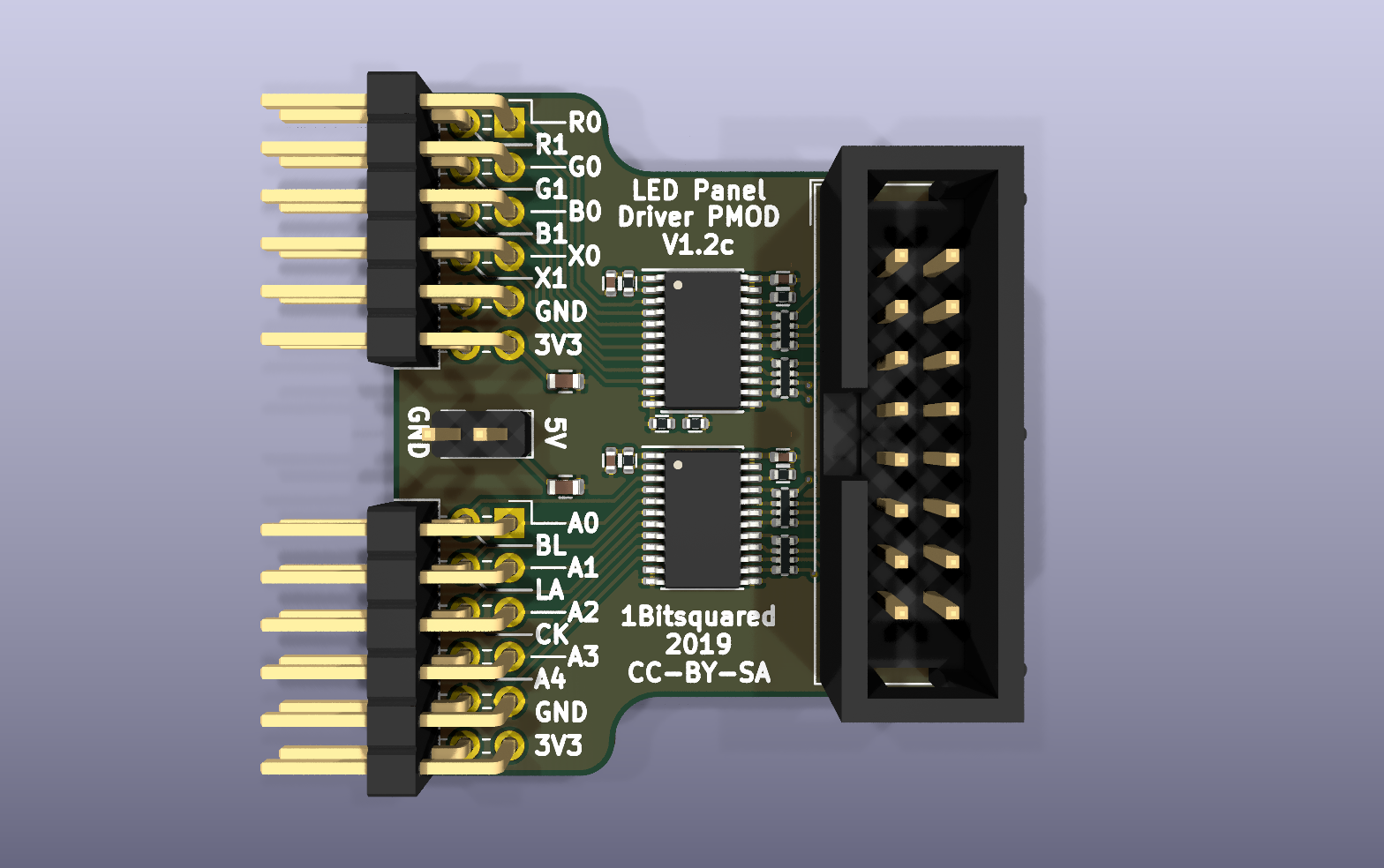 HUB75 LED panel driver PMOD KiCad PCB render