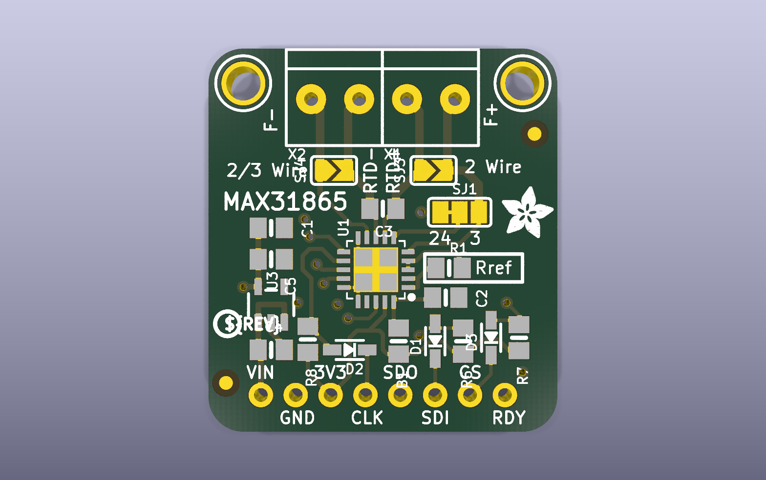 MAX31865 RTD Interface KiCad PCB render