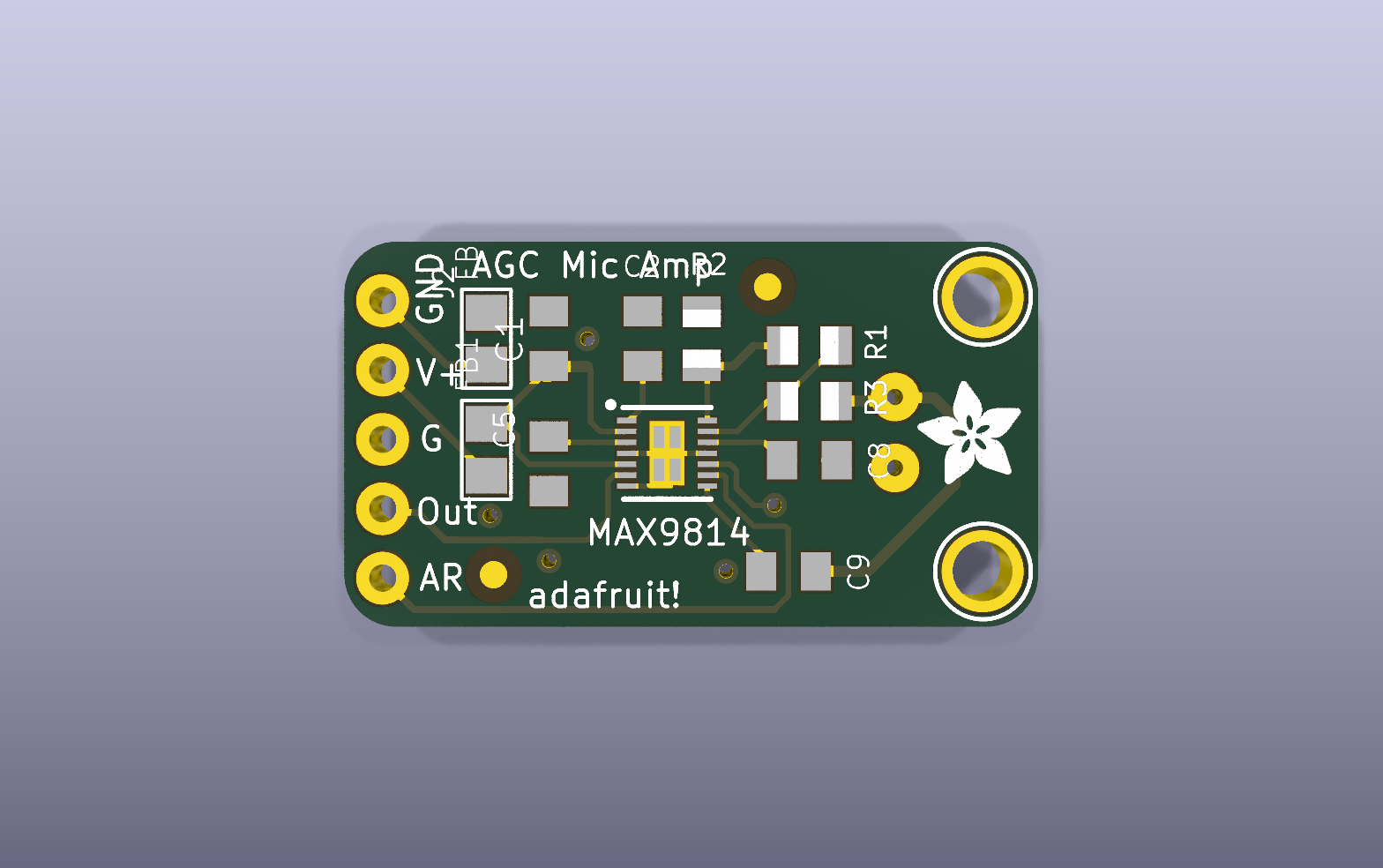 MAX9814 microphone with automatic gain KiCad PCB render