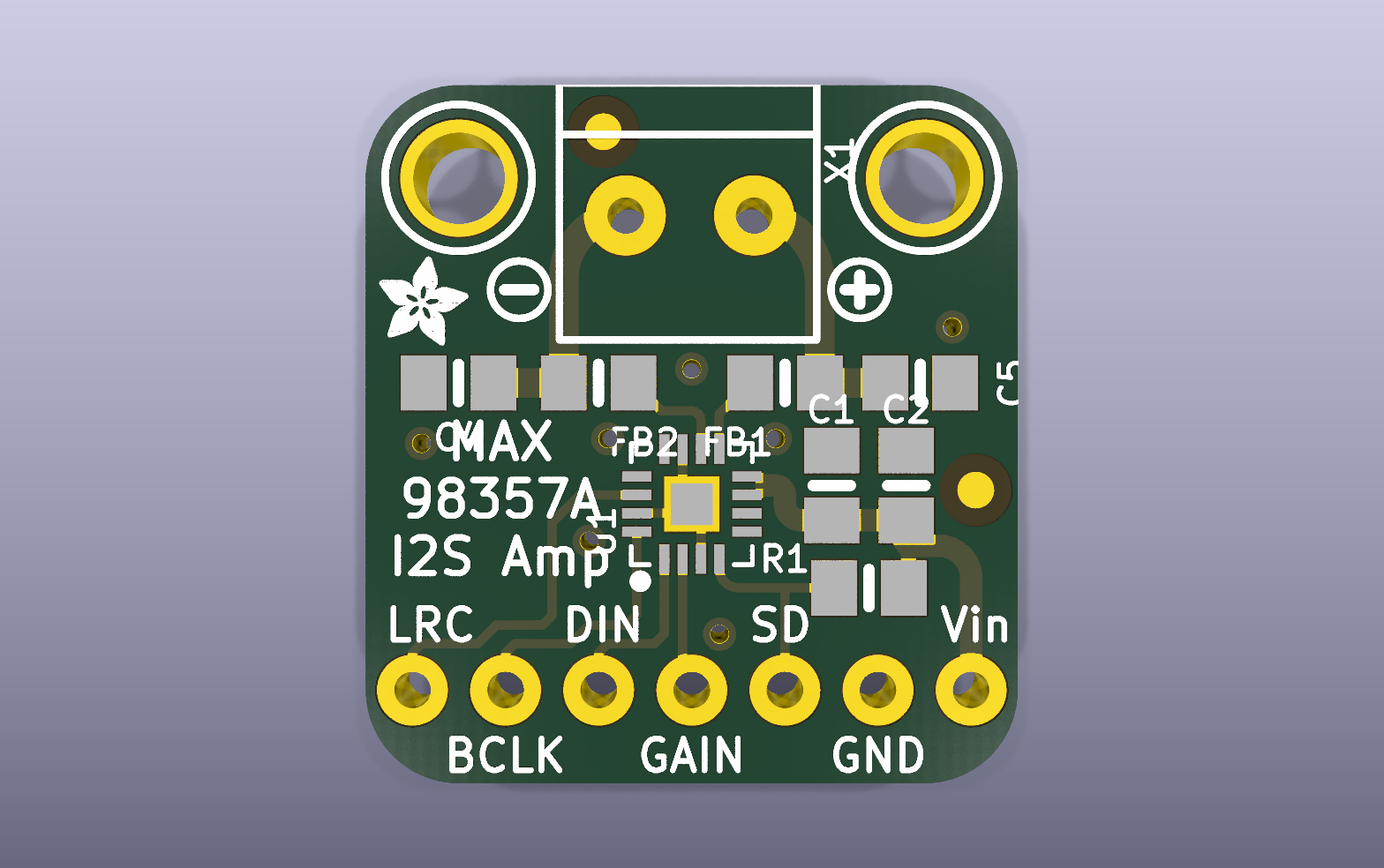 MAX98357A I²S Amplifier KiCad PCB render