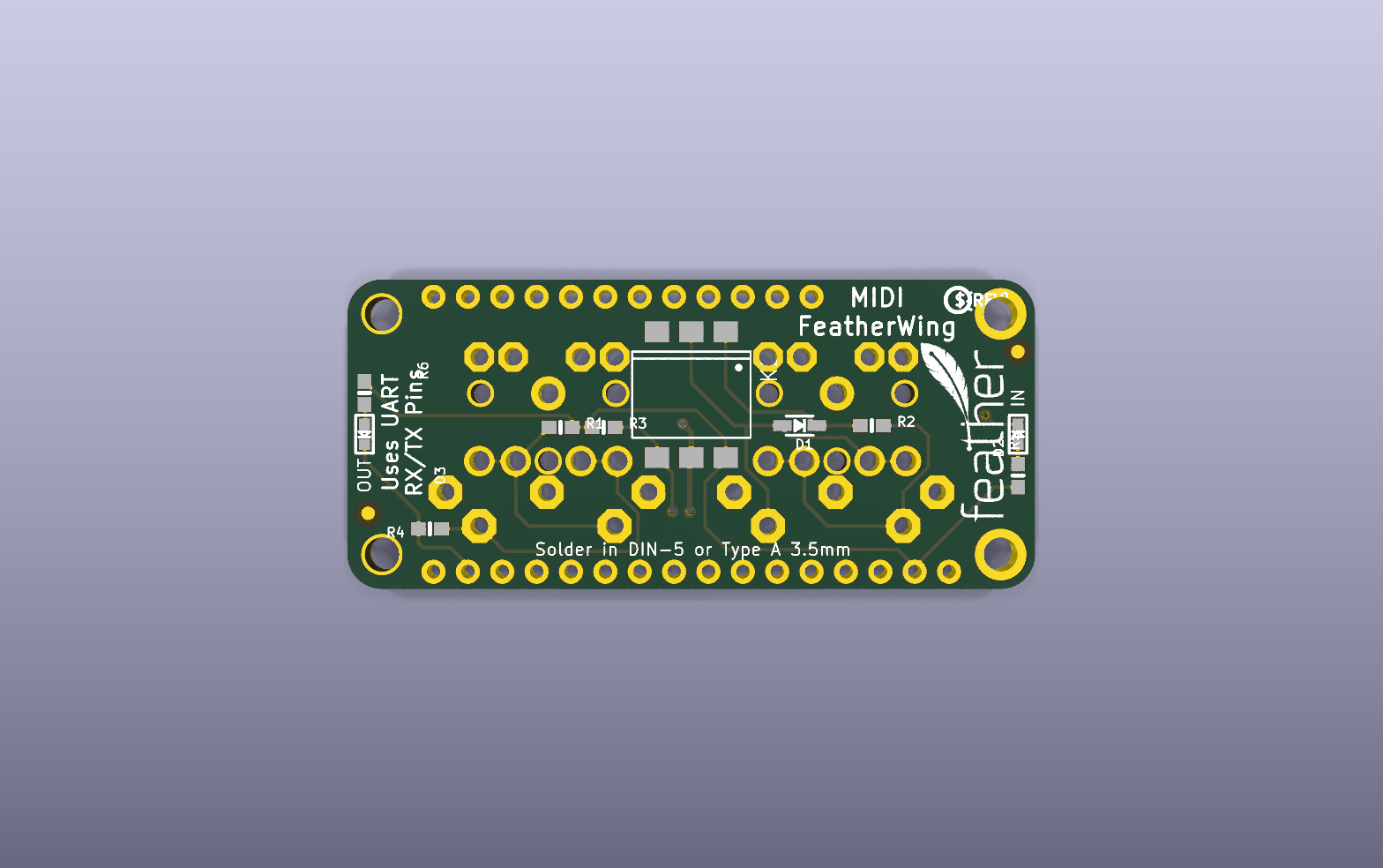 MIDI FeatherWing KiCad PCB render