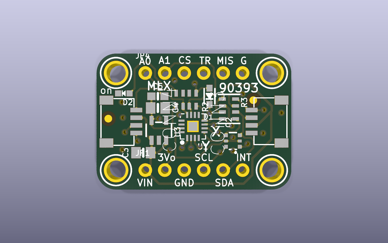 MLX90393 wide-range magnetometer KiCad PCB render