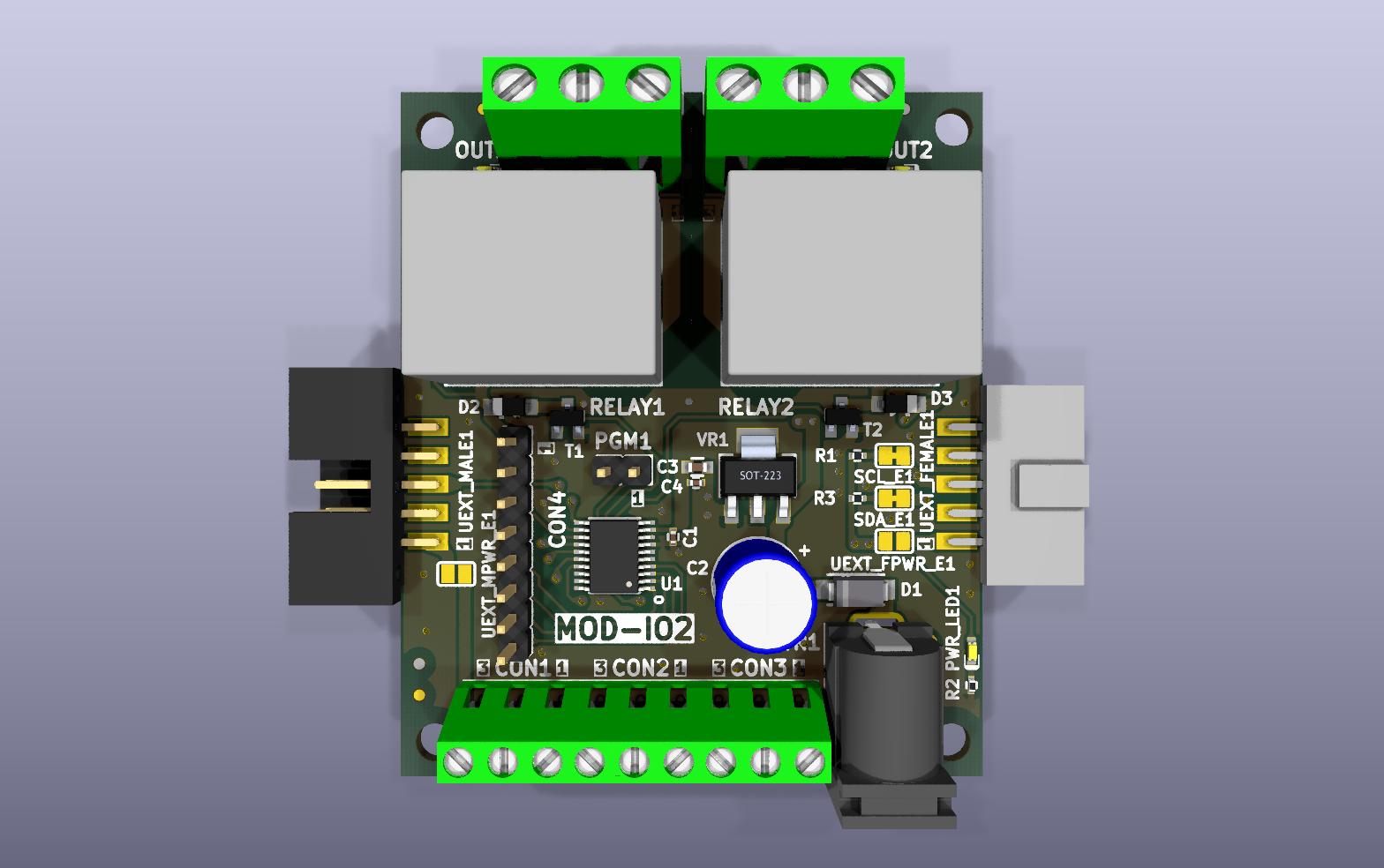 MOD-IO2 relay & GPIO controller KiCad PCB render