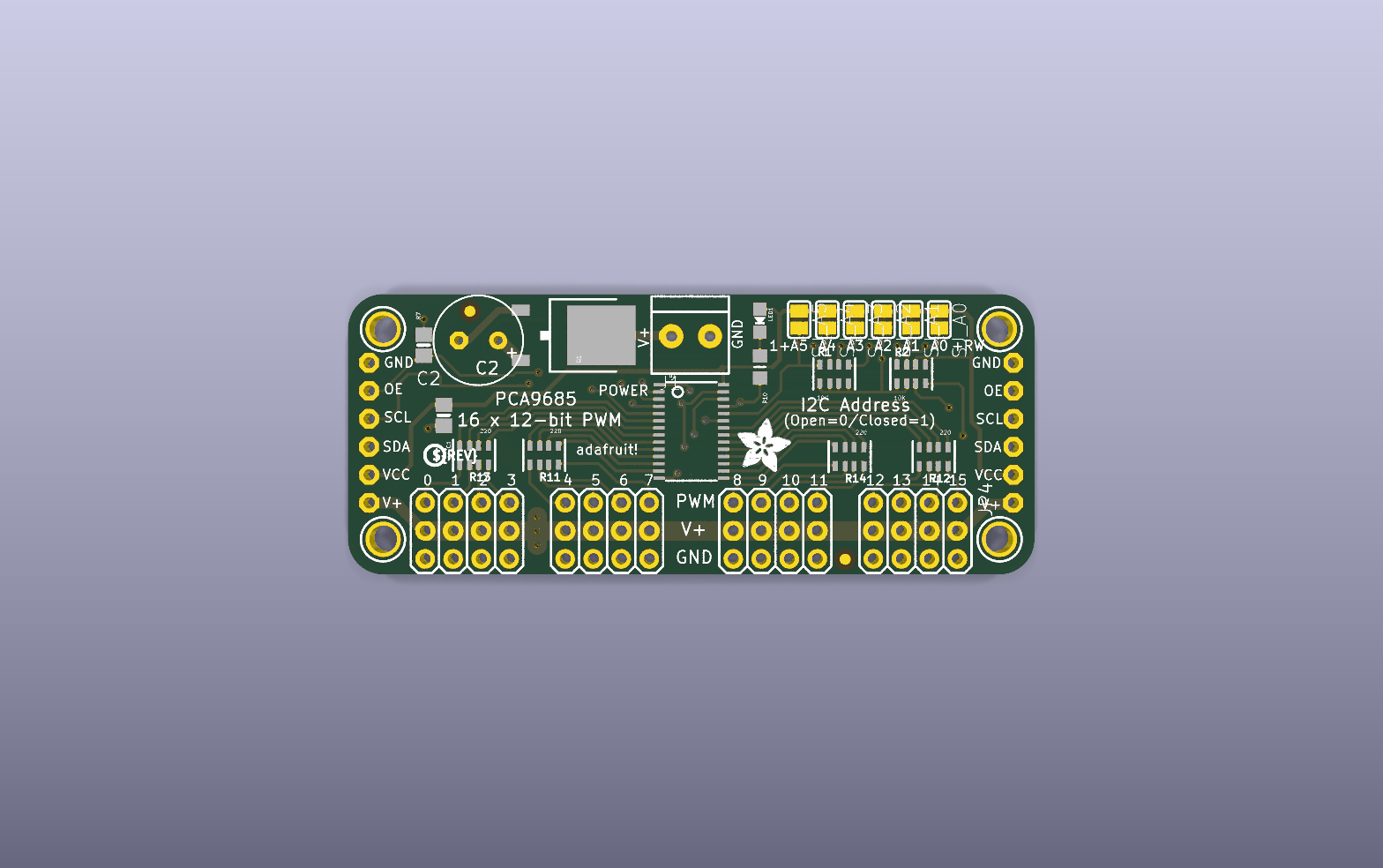16-channel Servo Driver KiCad PCB render