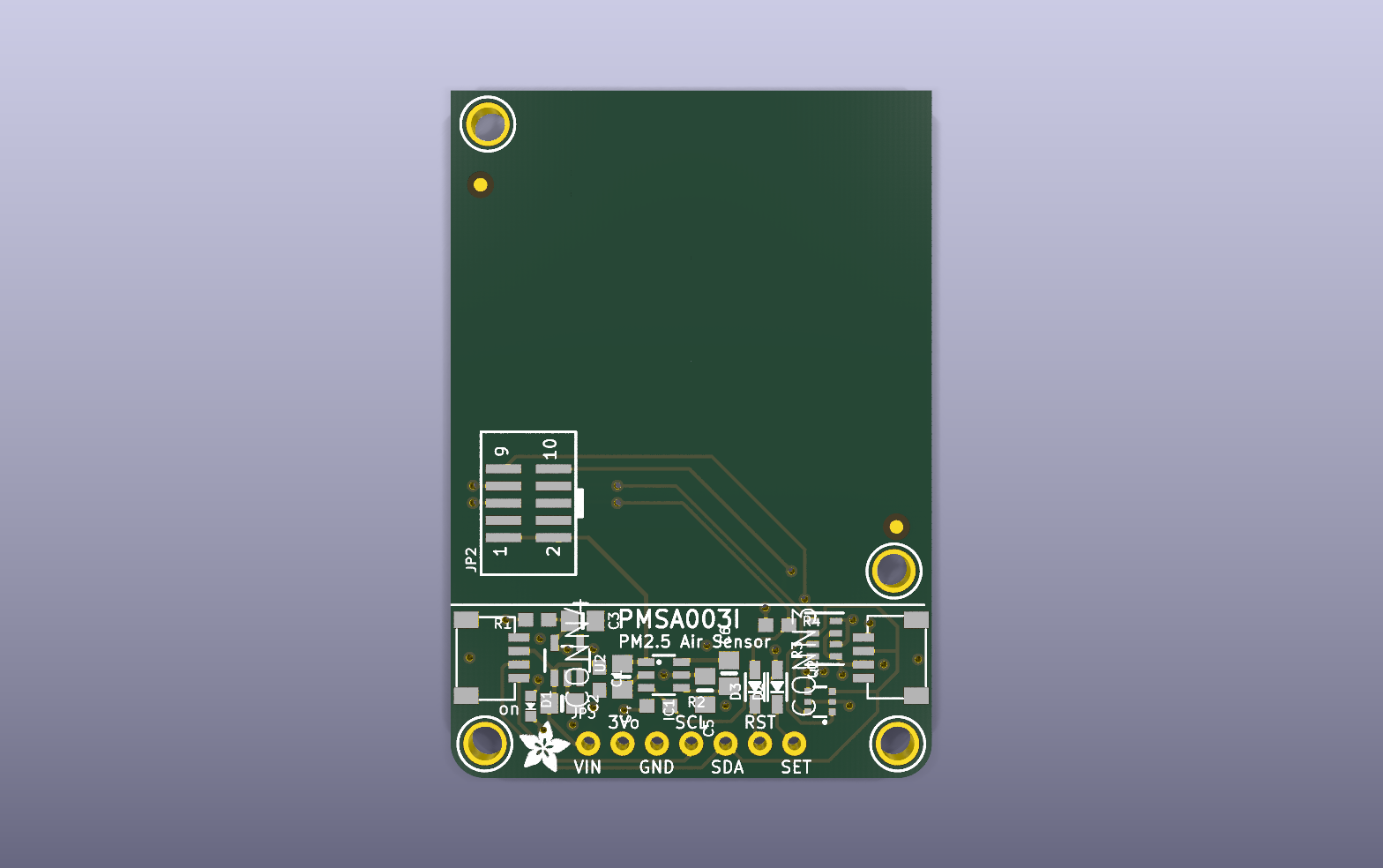 PMSA003I particulate sensor carrier KiCad PCB render