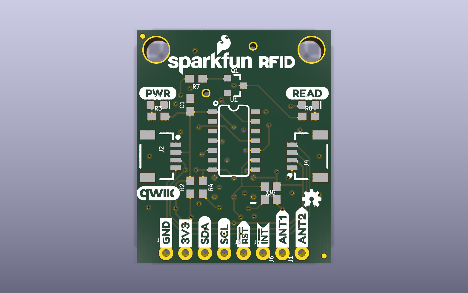 Qwiic RFID reader carrier KiCad PCB render