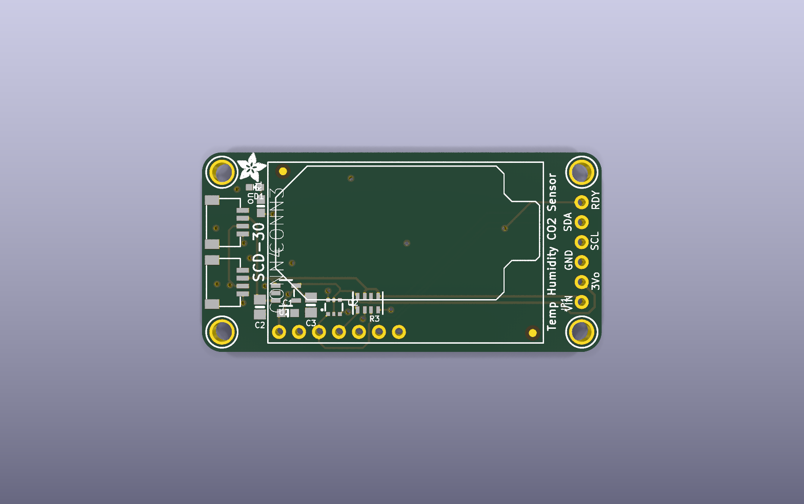SCD30 NDIR CO₂ sensor carrier KiCad PCB render