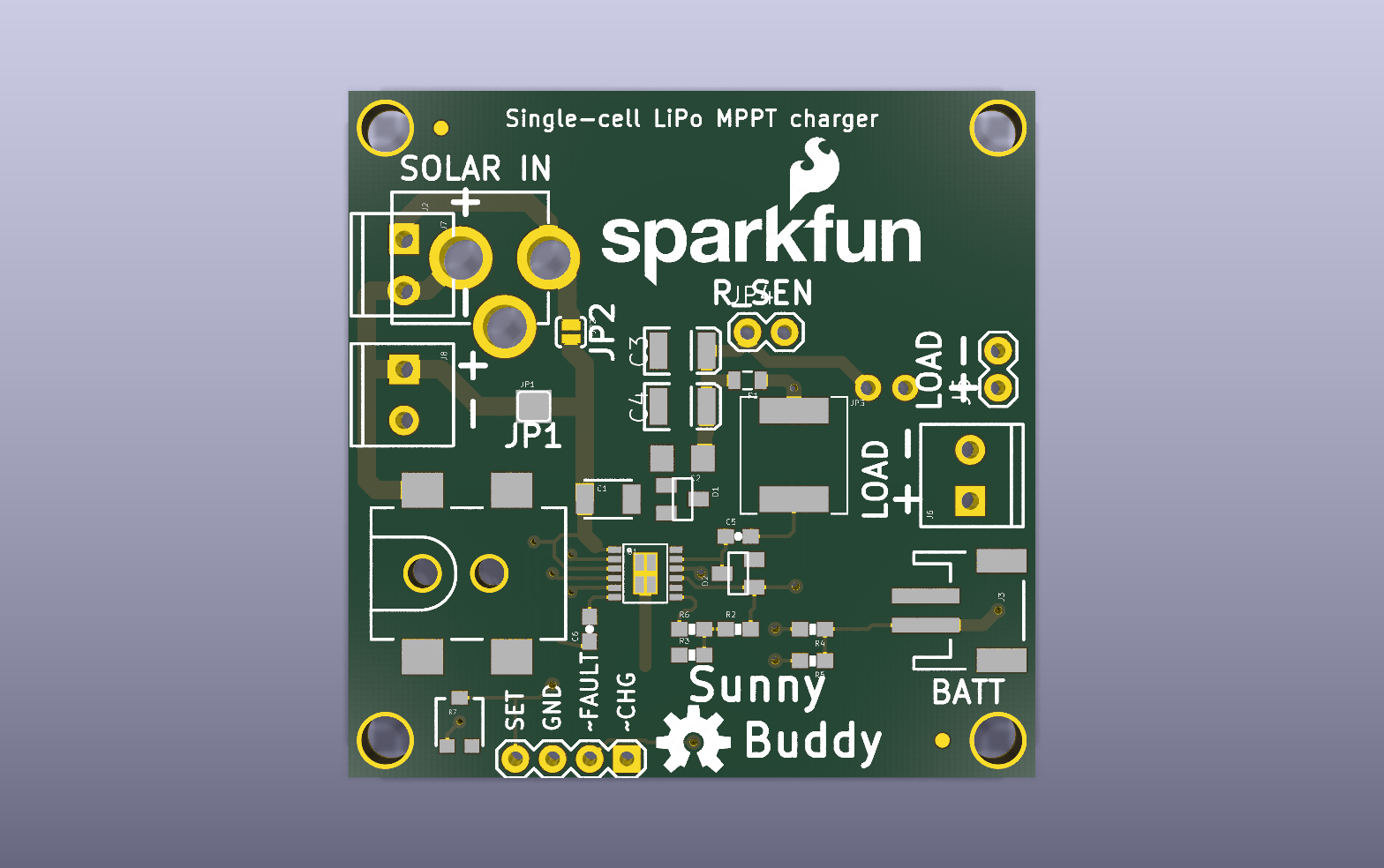 Sunny Buddy Solar Charger KiCad PCB render