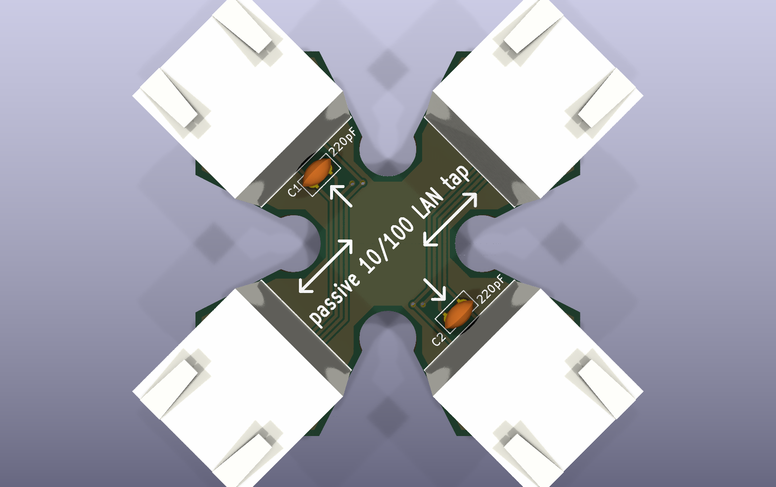 Throwing Star LAN Tap KiCad PCB render